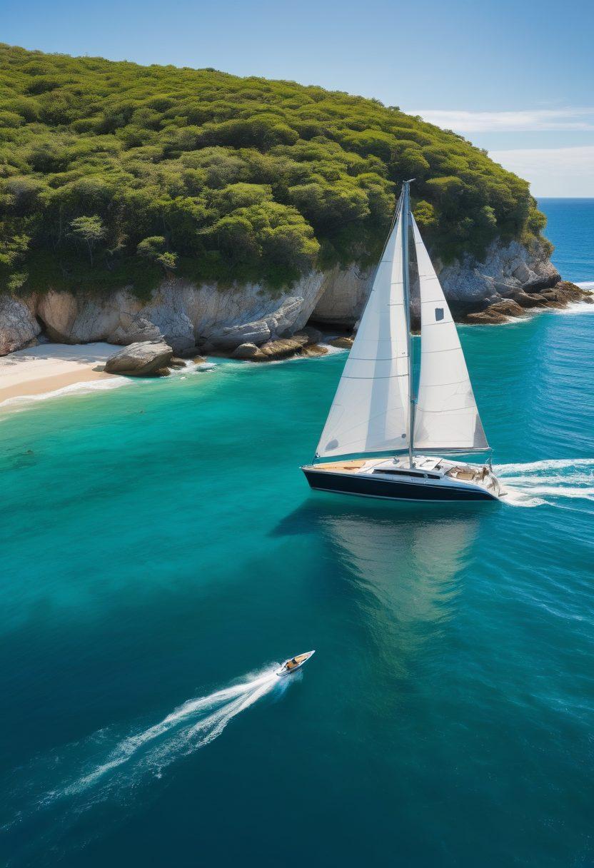A dynamic scene featuring a sailboat gracefully gliding across the water alongside a sleek powerboat, both reflecting the tranquil blue of the ocean. In the background, a picturesque shoreline dotted with lush greenery and cheerful sunbathers, symbolizing leisurely days on the water. Overlay the image with subtle icons representing insurance, like a shield or checklist, to emphasize tailored solutions. Bright and inviting atmosphere. vibrant colors. super-realistic.