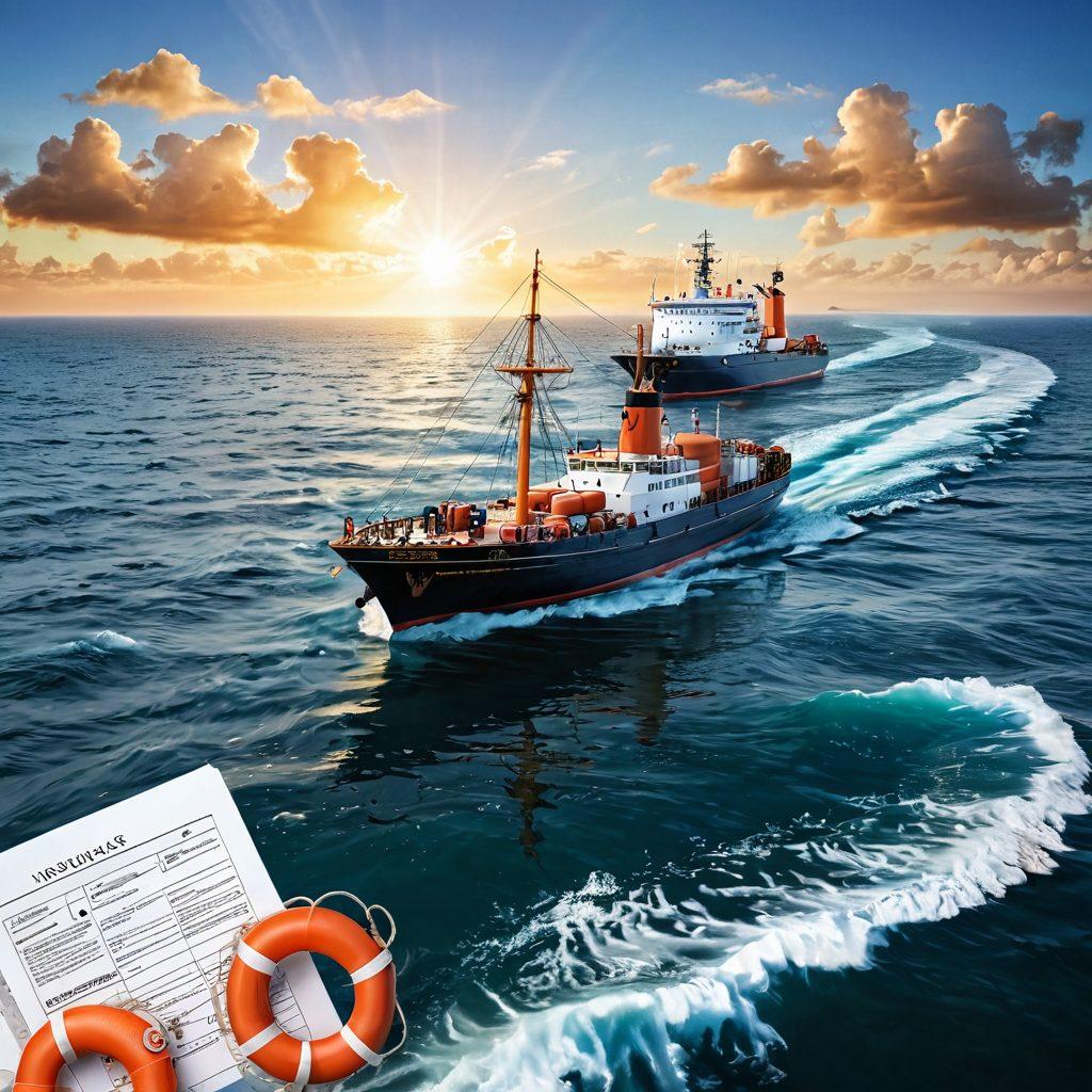 A serene ocean scene featuring a sturdy ship navigating through calm waters, surrounded by various marine insurance elements like lifebuoys, anchors, and insurance documents floating gently on the waves. The sky is bright with sunlight reflecting off the water, symbolizing security and peace of mind during voyages. Include a subtle compass and map in the foreground to signify exploration and guidance. vibrant colors. super-realistic.